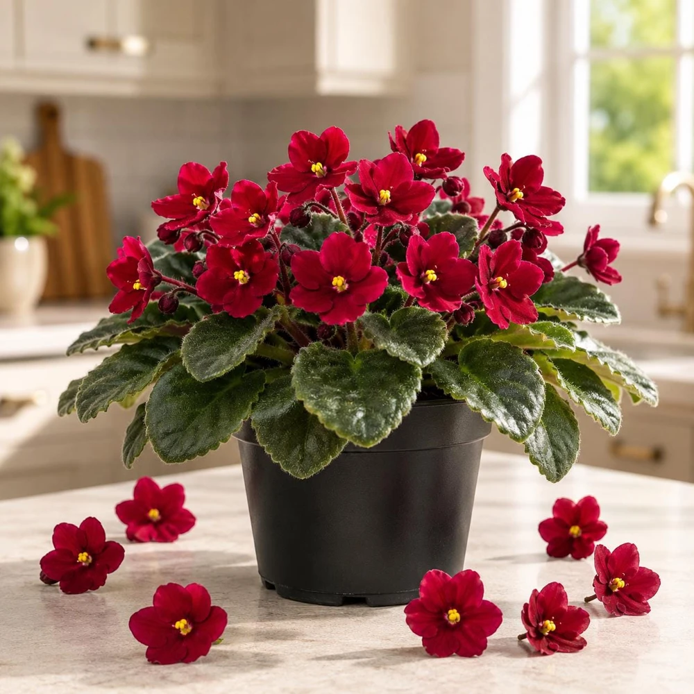 Red African Violet Live Plant - Blooming Flower, 3-5 Inch Tall, 4 Inch Pot, Indoor/Outdoor - Image 1