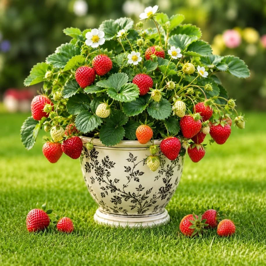 Everbearing Strawberry Live Plant – Sweet Berry Seedling – 4-6 Inch, 3 Inch Pot - Image 1