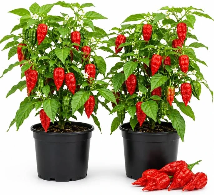 Red Bhut Jolokia Ghost Pepper Live Plants - 2 Pots, 3-5 Inch Tall Chili Plants - Image 1