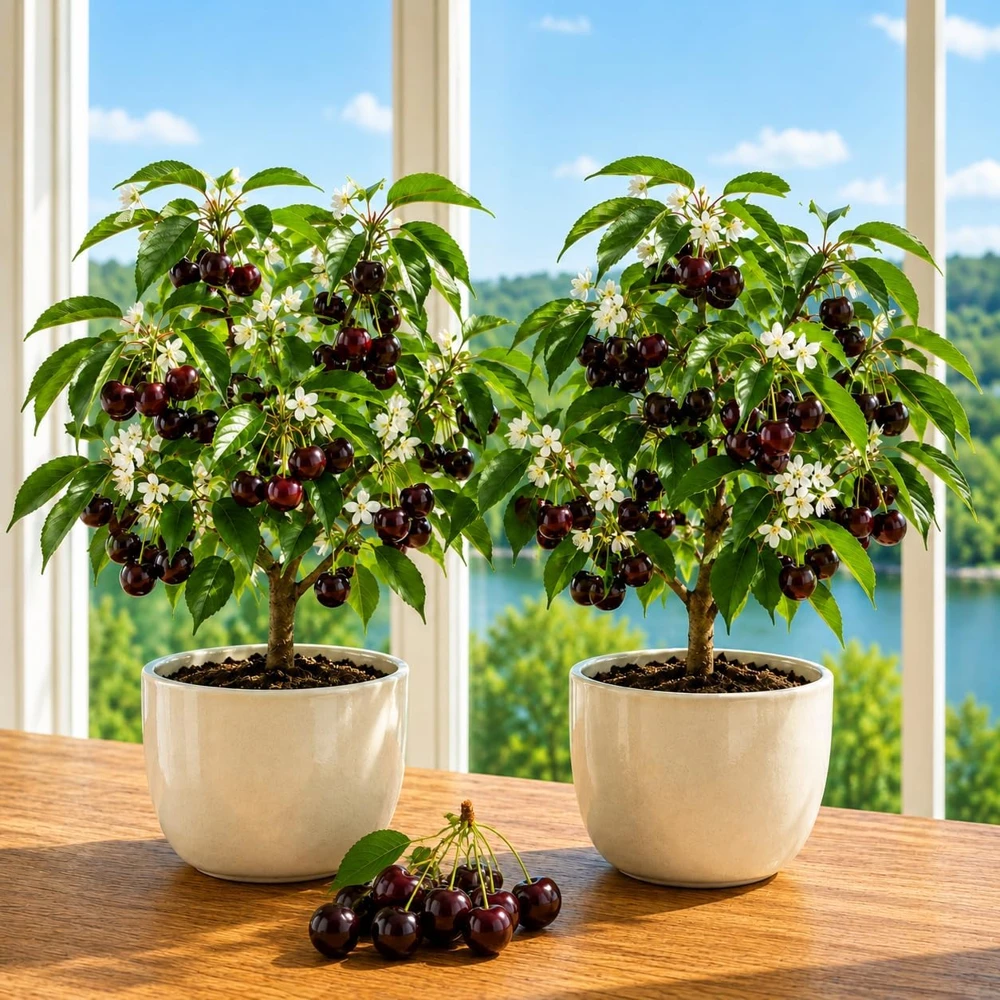 Set of 2 Black Cherry Live Plants - Sweet Fruit Tree, 6-12 Inch, Quart Pot, Outdoor - Image 1