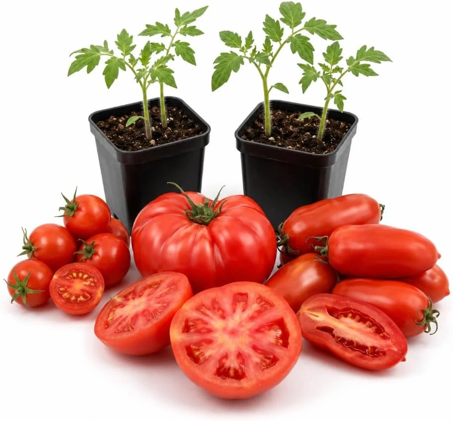 Set of 4 Mix Tomato Live Plants, 2 Seedlings Per Pot, 3-5 Inch Starter Vegetable Plants in 4 Inch Pots - Image 1