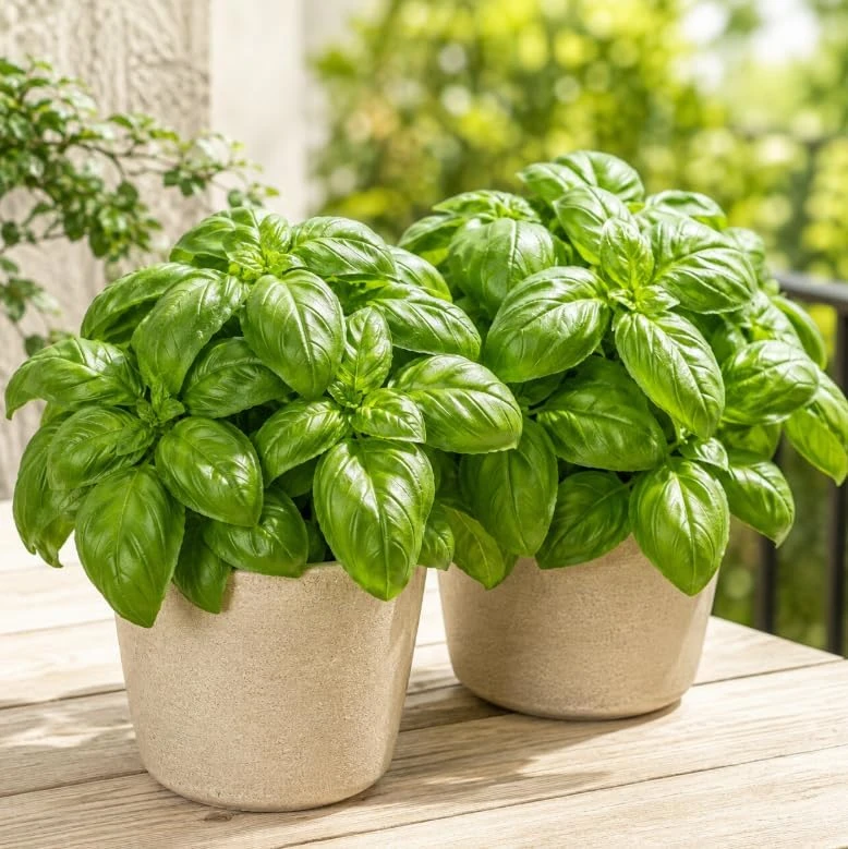 Sweet Basil Live Plants - 2 Pots, 4-6 Inch Tall, Large Leaf Herb for Indoor & Outdoor - Image 1