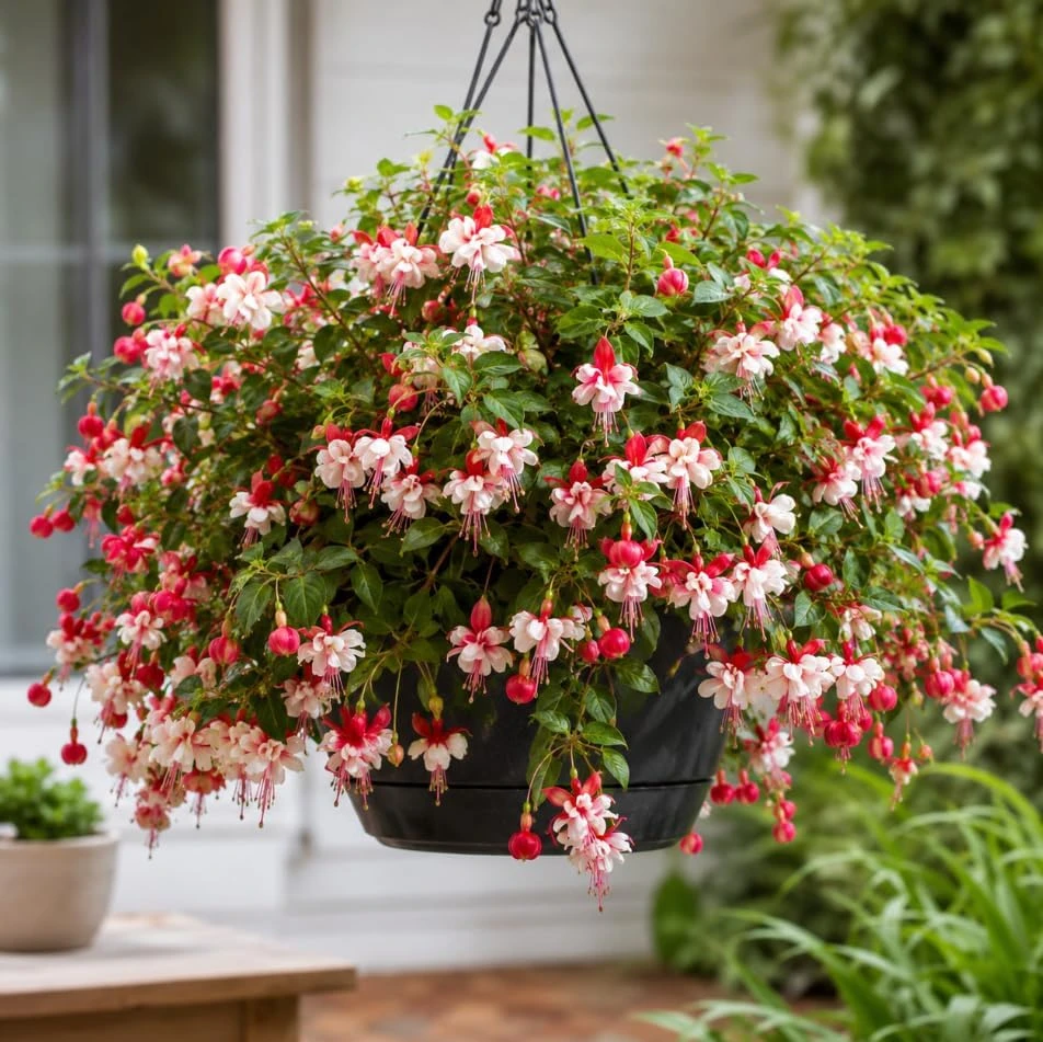 Swingtime Fuchsia Live Plant – Red & White Flowers – 4-6 inch Tall – 6 Inch Pot - Image 1