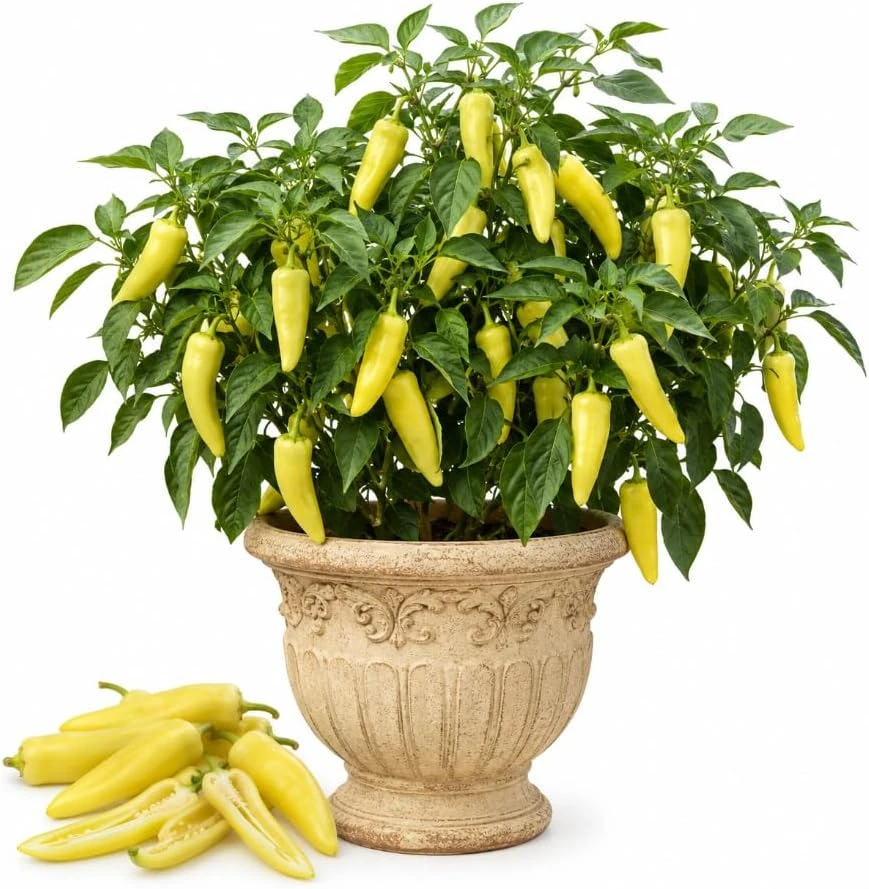 Yellow Banana Pepper Live Plants - 2 Seedlings, 4 Inch Pot, 3-5 Inches Tall - Image 1