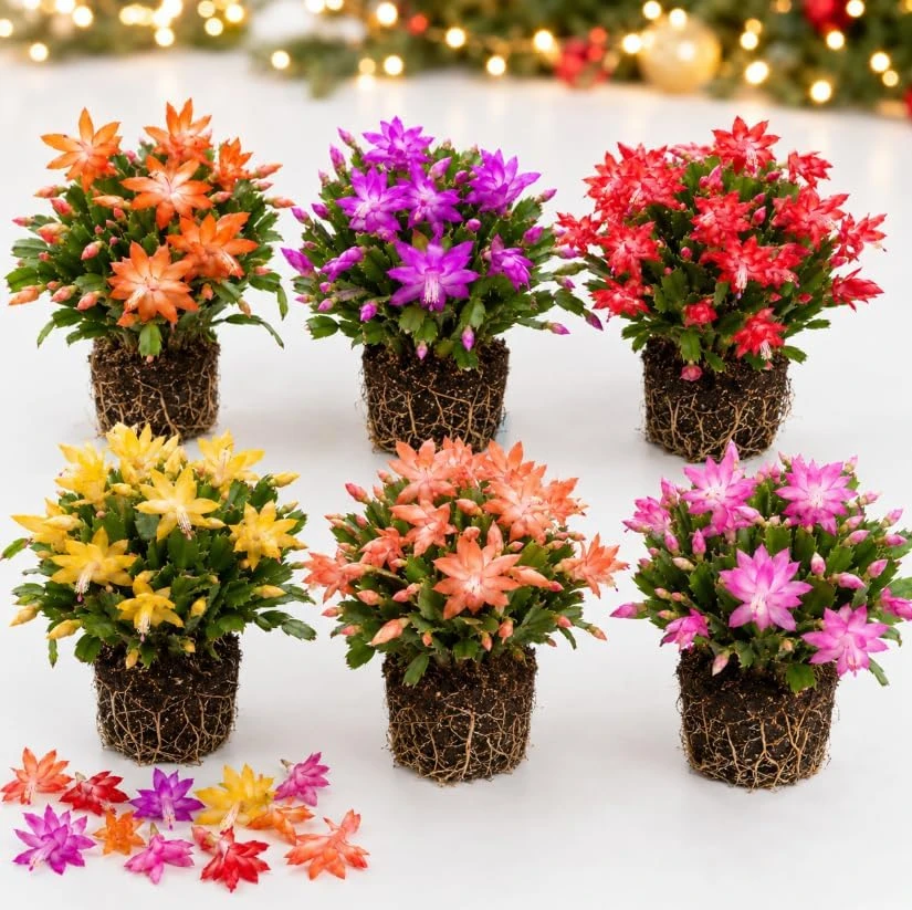 3 Assorted Christmas Cactus Live Plants, 4-7 Inches Tall, Flowering Succulents - Image 1