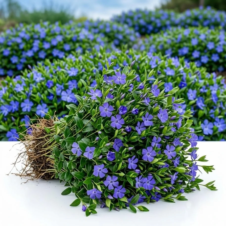 50 Blue Vinca Minor Plants - Creeping Myrtle Ground Cover, Periwinkle, 4-6 Inch Tall, Bare Root, Hardy Perennial - Image 1