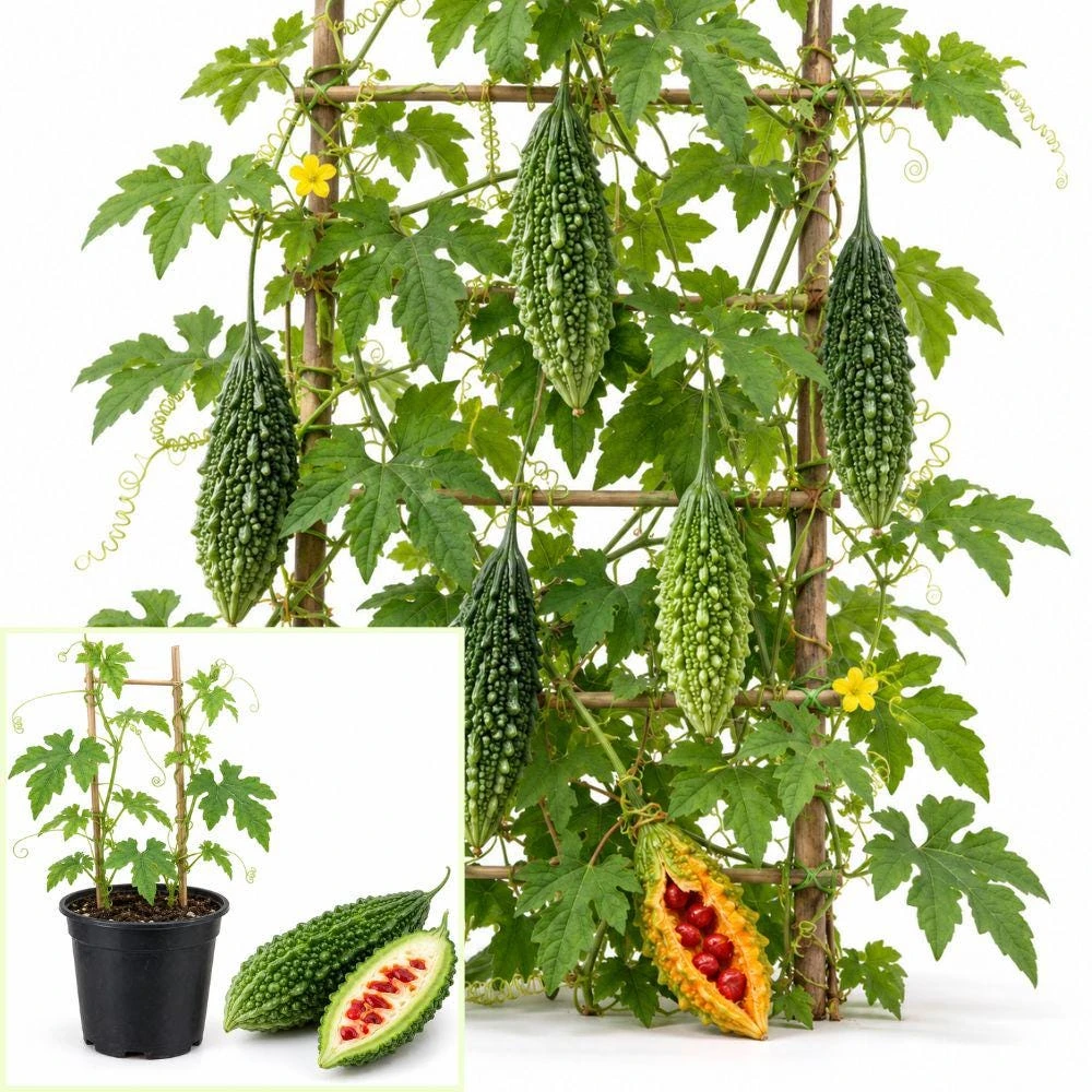 Bitter Gourd Live Plants - 2 Per 4-Inch Pot, Bitter Melon Starter, Full Sun, Vegetable Garden - Image 1