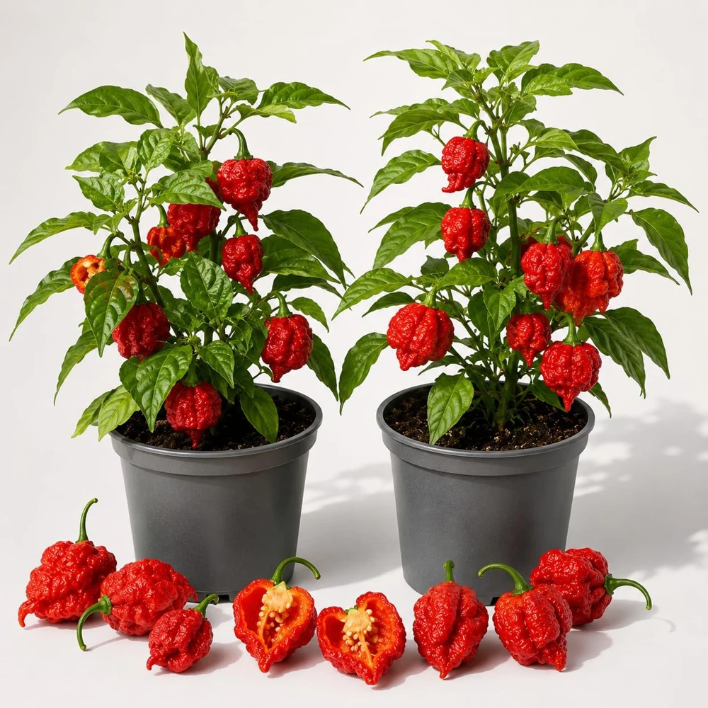 Carolina Reaper Pepper Plants Live, Pack of 2, 4-6 Inch Tall, Hot Chili Peppers for Garden - Image 1