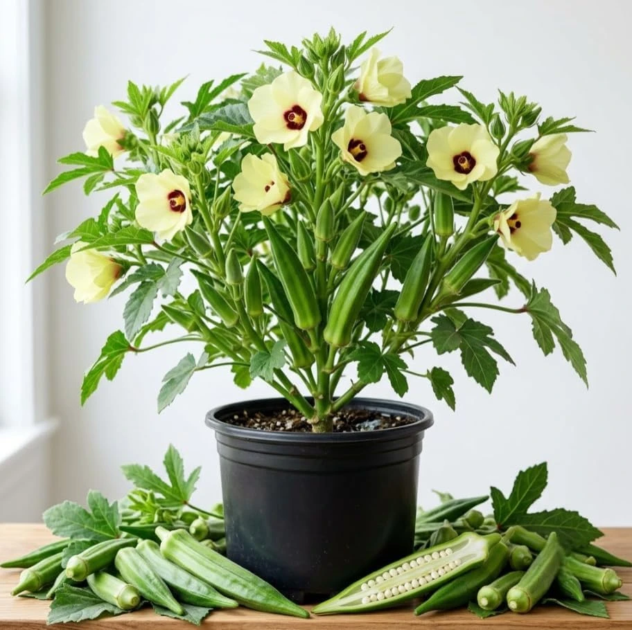 Green Okra Live Plants - 2 Pack, 3-5" Tall Vegetable Starter in 4" Pots - Image 1
