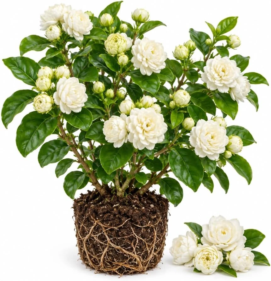 Jasmine Sambac Grand Duke Live Plant, 4-7 Inches, Double White Blooms, Indoor/Outdoor - Image 1