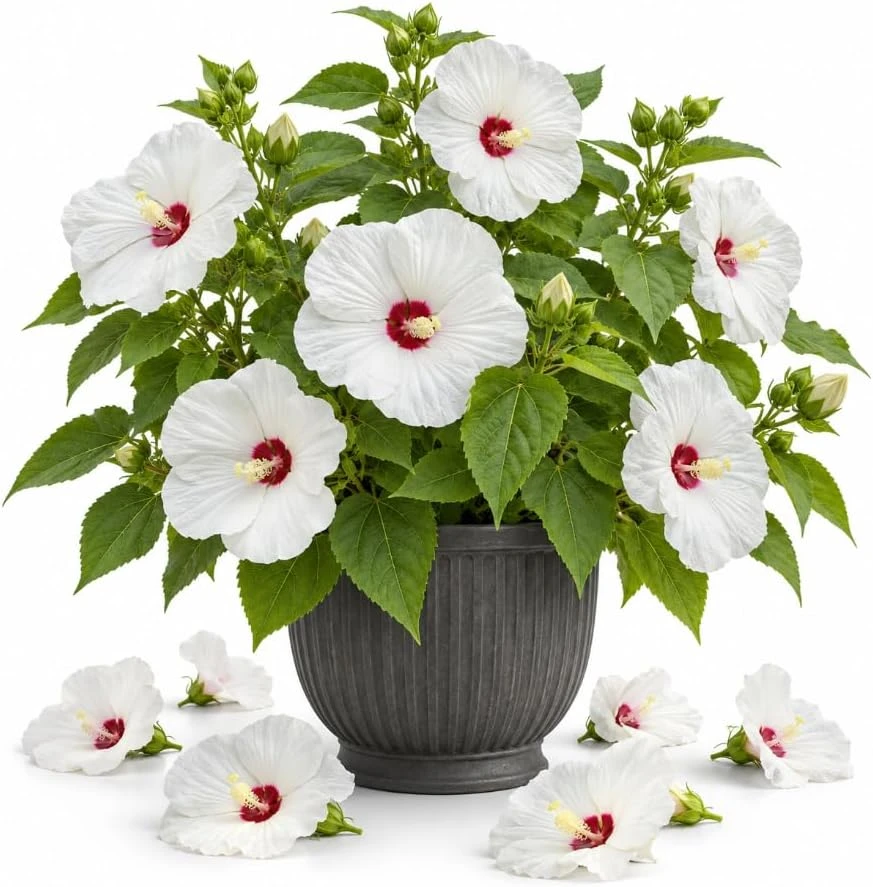 Luna White Hibiscus Live Plant - Dwarf Hardy, 5-7 Inches Tall, Large White Flowers for Outdoor Gardens & Containers - Image 1