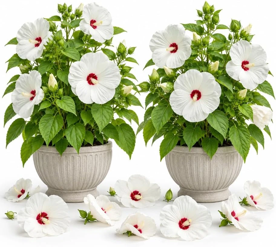 Luna White Hibiscus Live Plants - Set of 2, 5-7 inches tall, Dwarf Hardy, Outdoor - Image 1