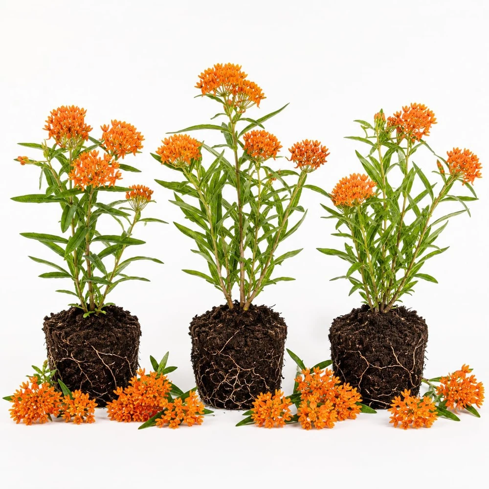 Orange Milkweed Live Plant - 3 Pack, 4-7 Inches Tall, Well Rooted Perennial Starter - Image 1