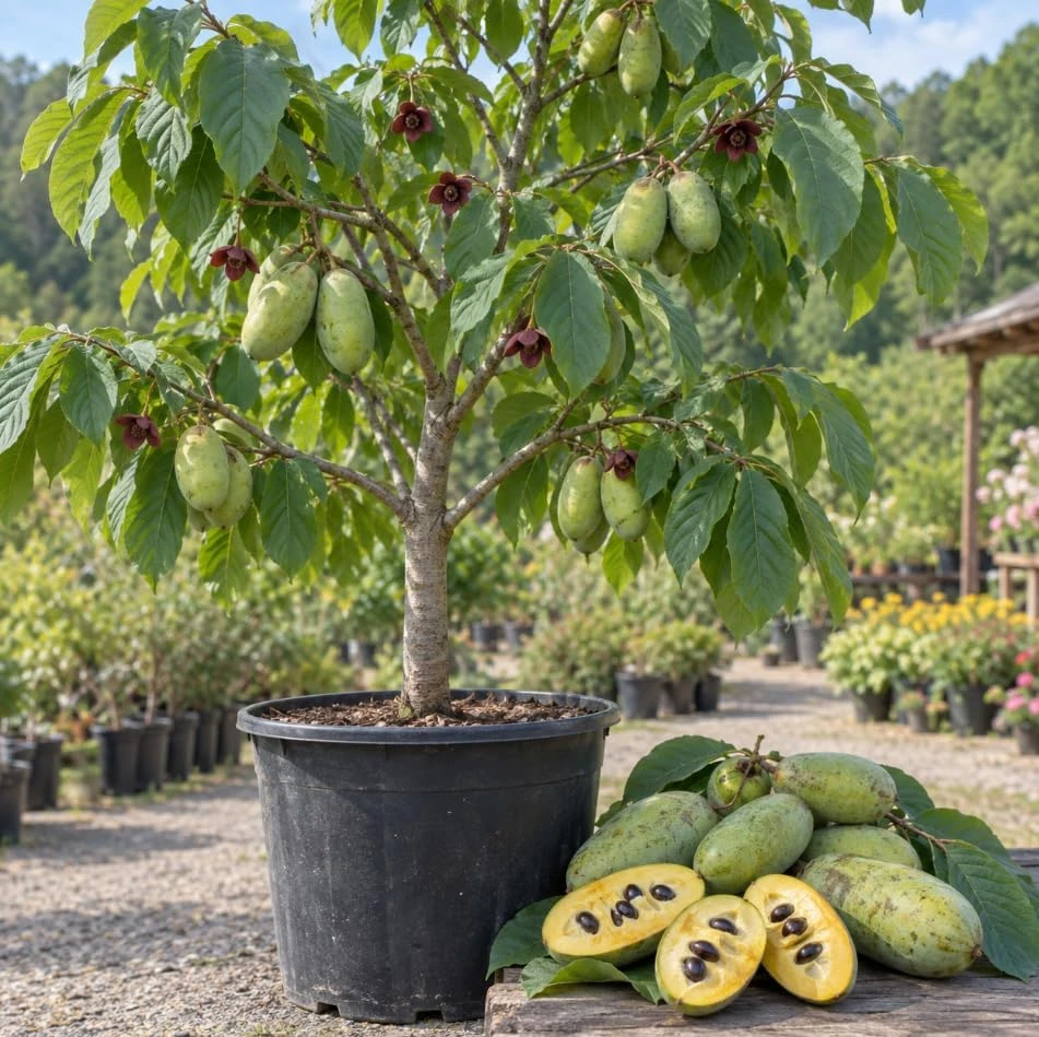 Pawpaw Tree Live Plant - Asimina Triloba Custard Apple, 10-12 Inches Tall, 1 Year Old - Image 1