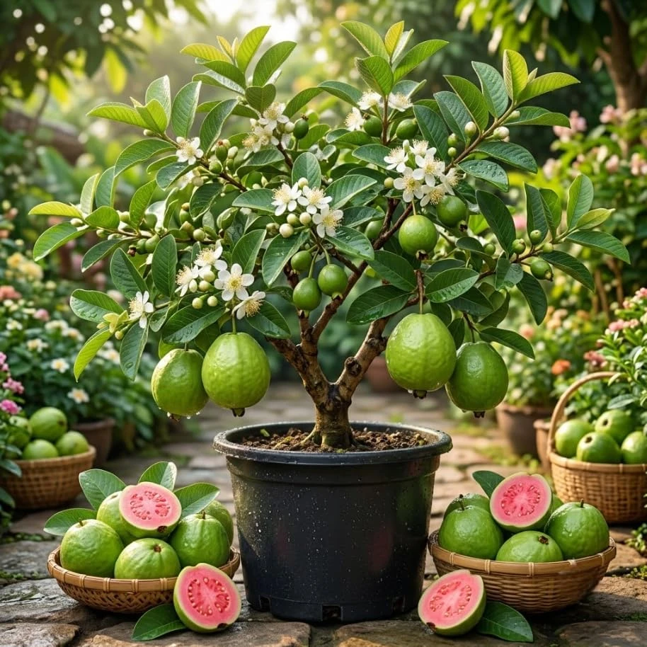 Pink Guava Tree Live Plant, Tropical Dwarf Fruit Tree, 1-2 Ft Tall, 1 Gallon Pot - Image 1