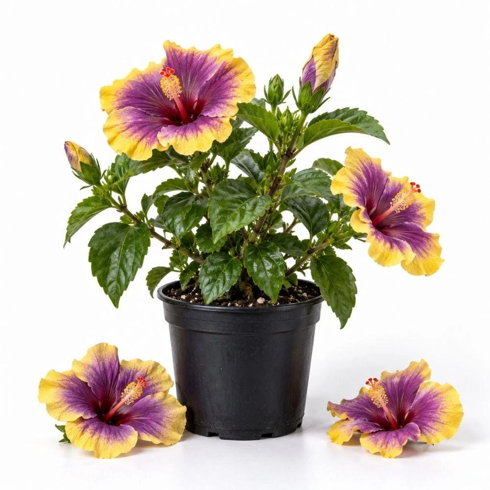 Purple Yellow Hibiscus Live Plant – 5-7 Inch Tropical Shrub – Bicolor Flower - Image 1