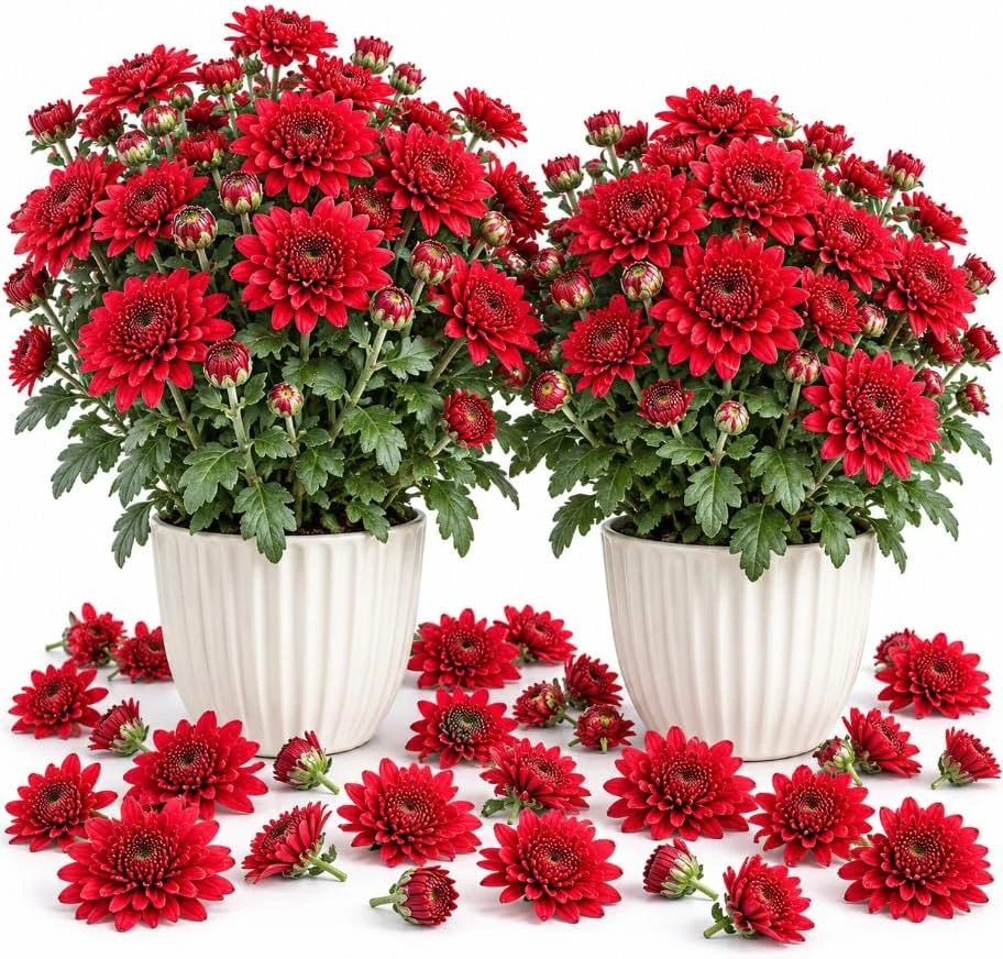 Red Chrysanthemum Live Plants, 2 Pack, 4-7 Inches Tall, Outdoor Garden Mum - Image 1
