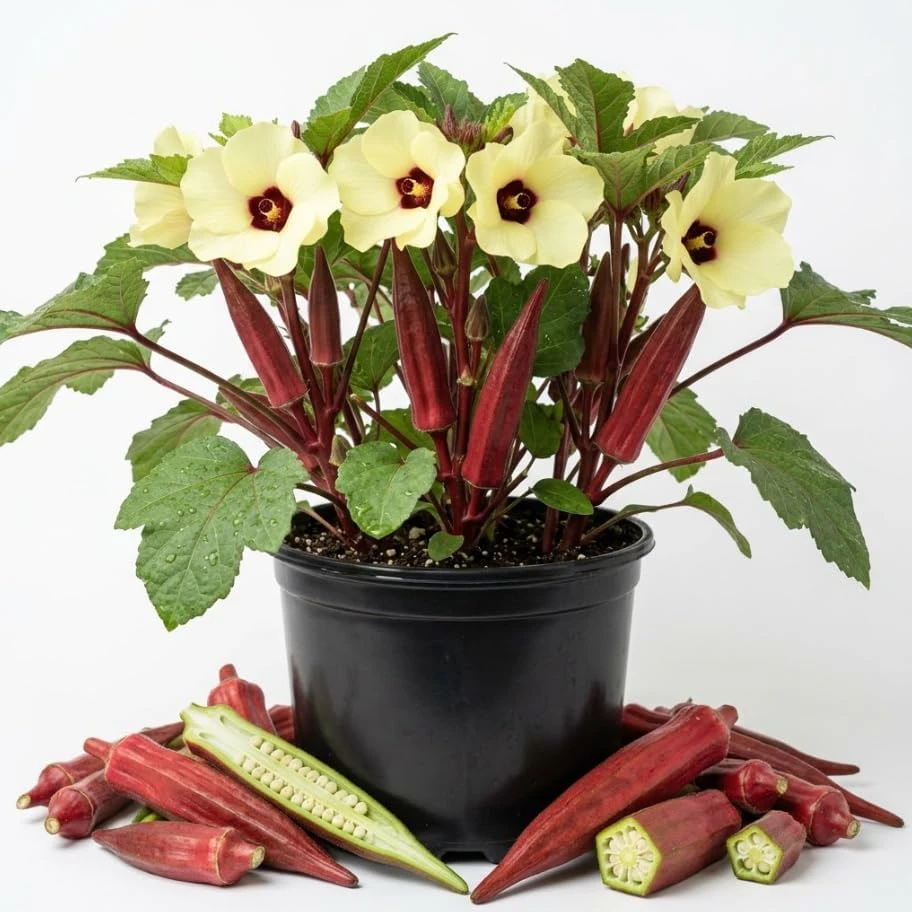 Red Okra Live Plants - 2 Burgundy Okra Starter Plants, 3-5" Tall in 4" Pots, Outdoor Vegetable - Image 1
