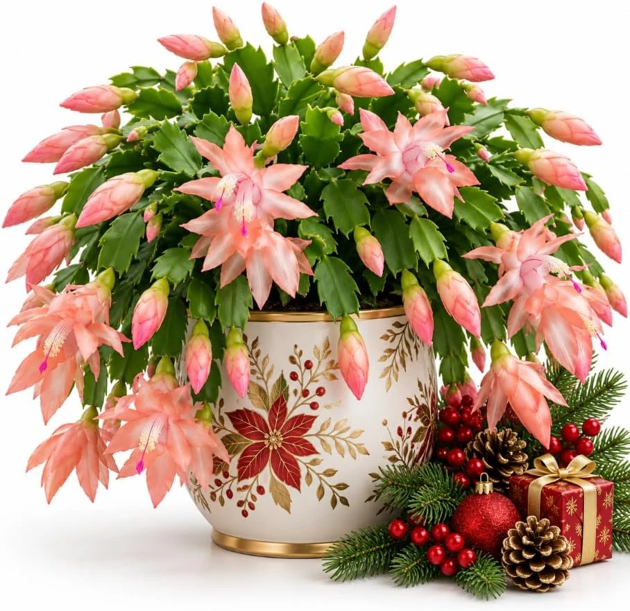 Salmon Christmas Cactus Live Plant, 4-6 Inches Tall, Holiday Blooming Succulent, Indoor/Outdoor - Image 1