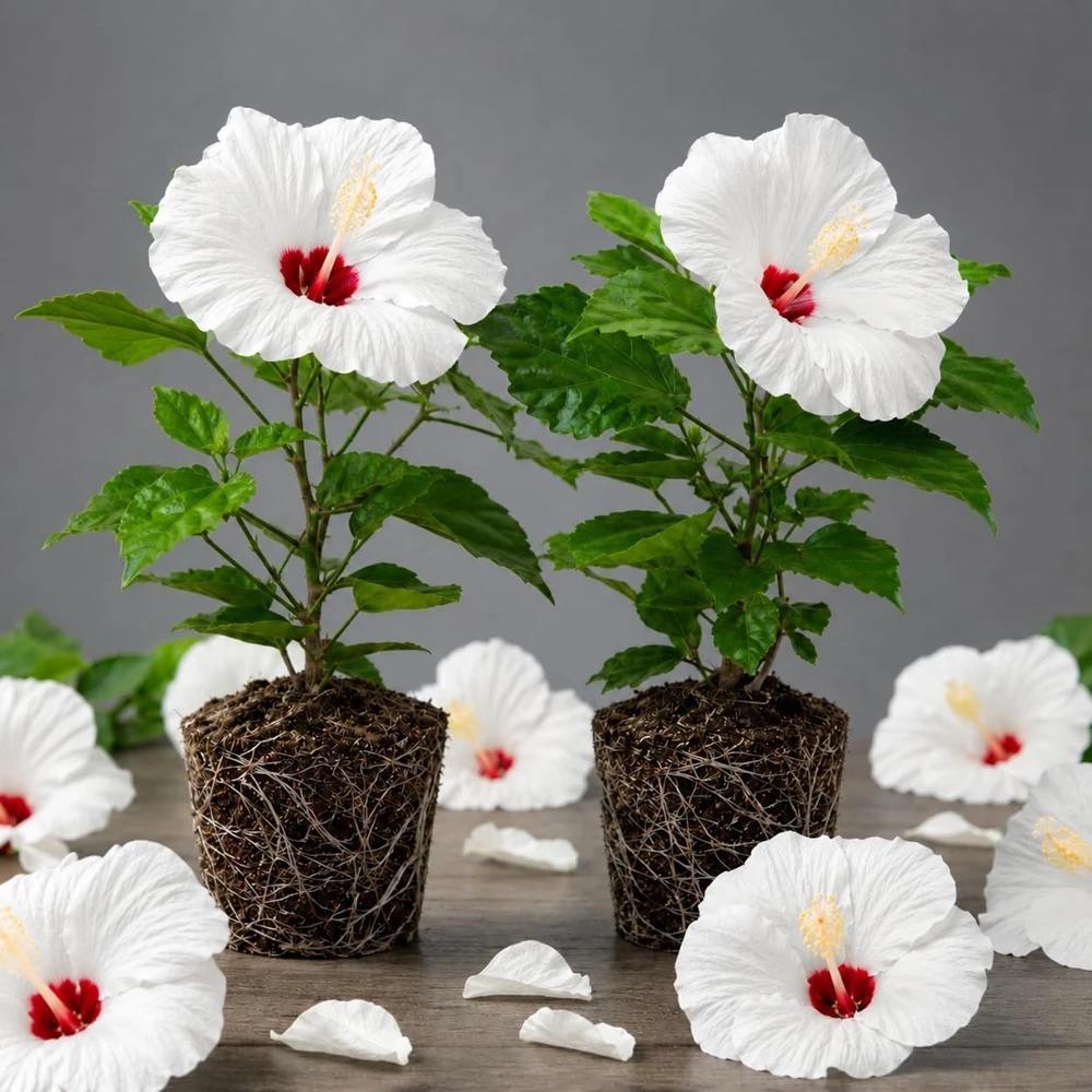 Set 2 White Hibiscus Plants Live for Planting, Hardy Hibiscus Flower Plant, White Flowering Tropical Shrub, 4-8 Inch Tall, No Pot, No Ship TX - Image 1