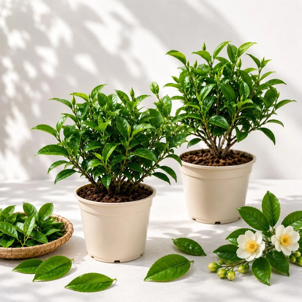 Set of 2 Green Tea Plants Live, Camellia Sinensis, 4-8 Inch Tall, Outdoor - Image 1