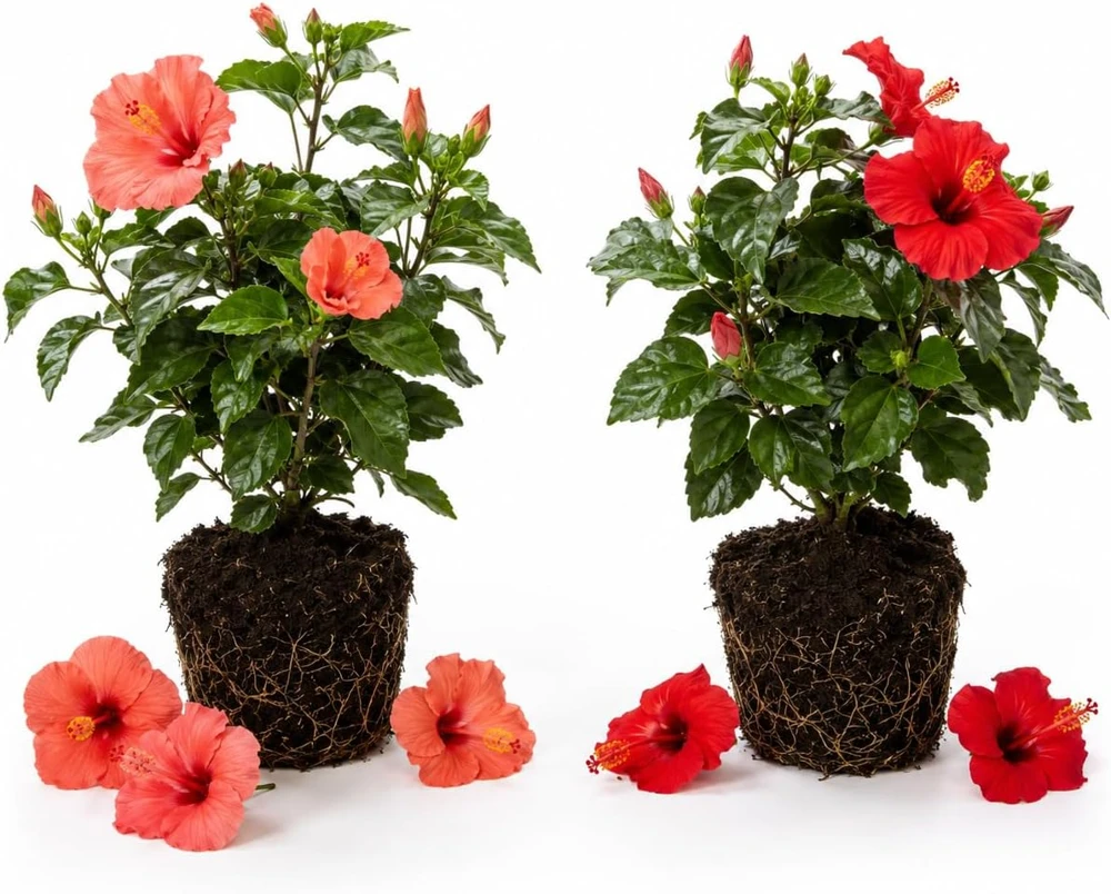 Set of 2 Mixed Hardy Hibiscus Live Plants, 4-7 Inches Tall, Perennial Flowering Shrubs, Outdoor - Image 1