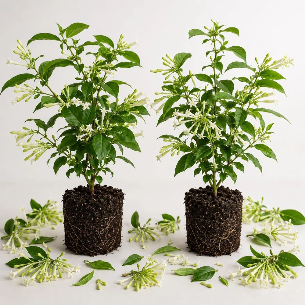 Set of 2 Night Blooming Jasmine Live Plants, 4-6 Inch Tall, Fragrant White Flowers - Image 1