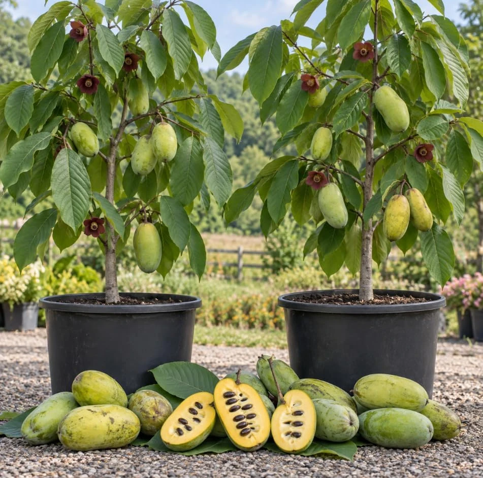 Set of 2 Pawpaw Tree Live Plant - Asimina Triloba Custard Apple, 10-12 inches Tall, 1 Year Old, Outdoor - Image 1