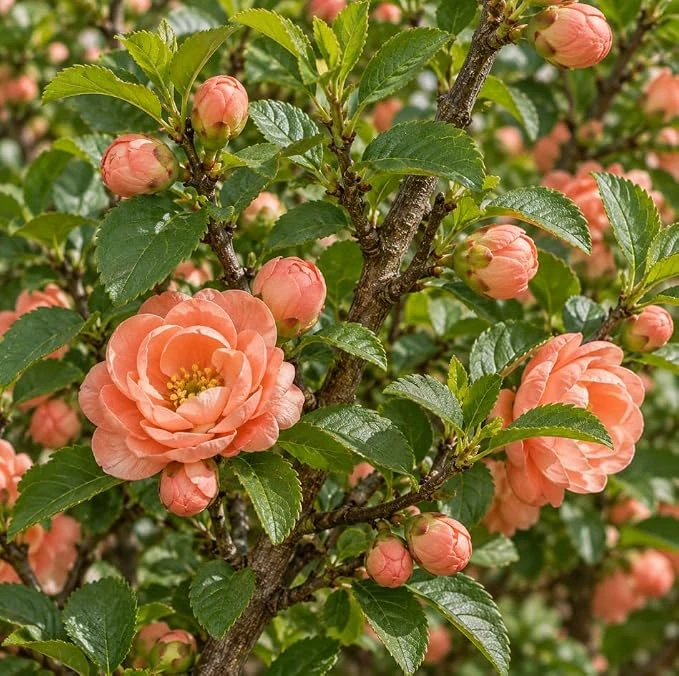 Set of 2 Peach Pink Flowering Quince Live Shrubs - Winter Hardy Chaenomeles, 6-12" Tall - Image 1