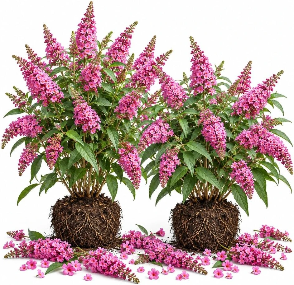 Set of 2 Pink Butterfly Bush Live Plants, Buddleia Flowering Shrubs, 4-6 Inches Tall, Outdoor - Image 1