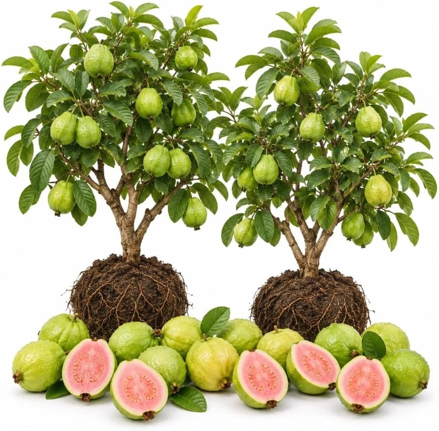 Set of 2 Pink Guava Live Plants, 6-10 Inches Tall, Tropical Fruit Tree - Image 1