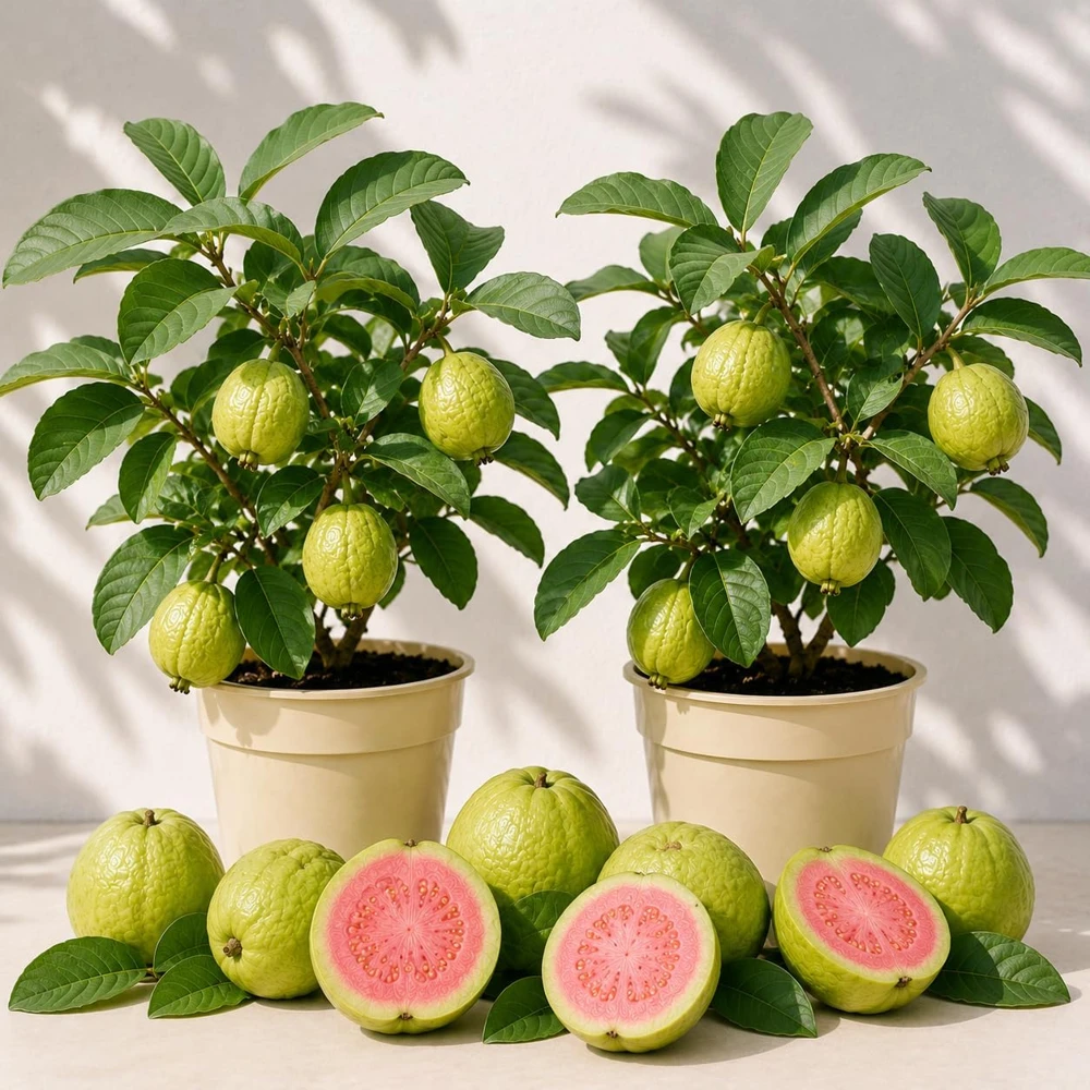 Set of 2 Pink Guava Plants Live, Sweet Tropical Fruit Tree Seedling, 6-10 Inch Tall - Image 1