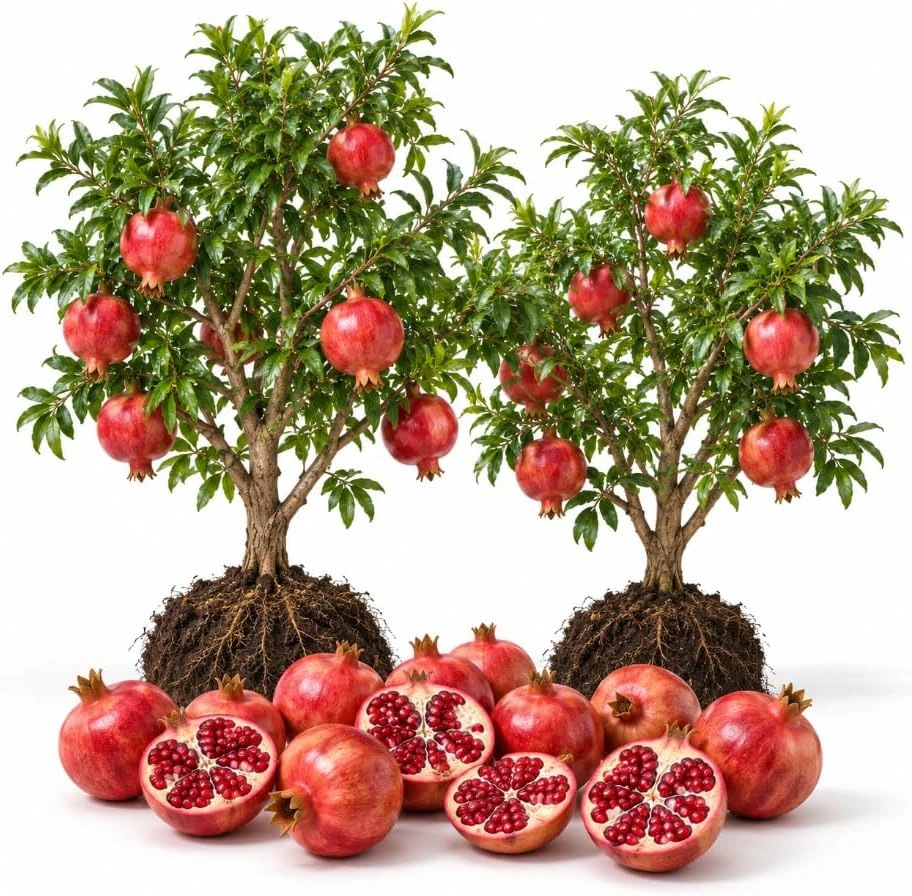 Set of 2 Pomegranate Live Plants, 4-7" Tall Red Fruit Tree Starters, Outdoor - Image 1