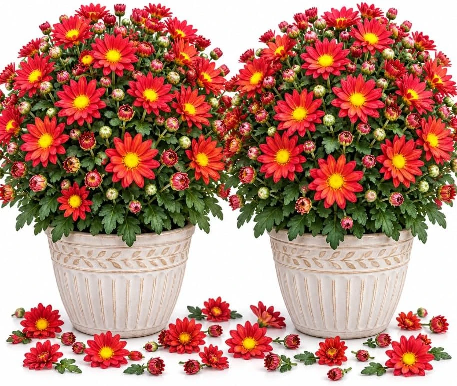 Set of 2 Red Chrysanthemum Live Plants, 4-6 Inches Tall, Outdoor Garden Mums - Image 1