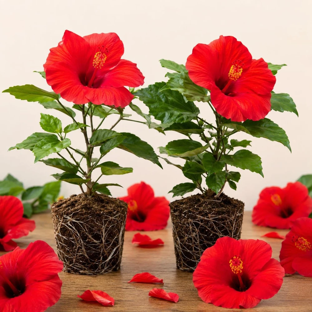 Set of 2 Red Hibiscus Live Plants, Hardy Tropical Flowering Shrub, 4-8 Inch Tall - Image 1