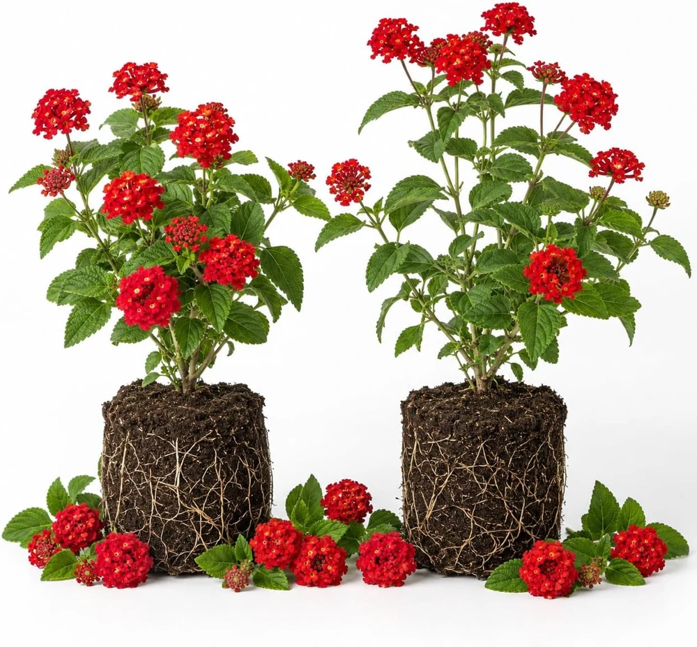 Set of 2 Red Lantana Live Plants, Bicolor Flowering, 4-7 Inch Tall Outdoor Starter Plants - Image 1