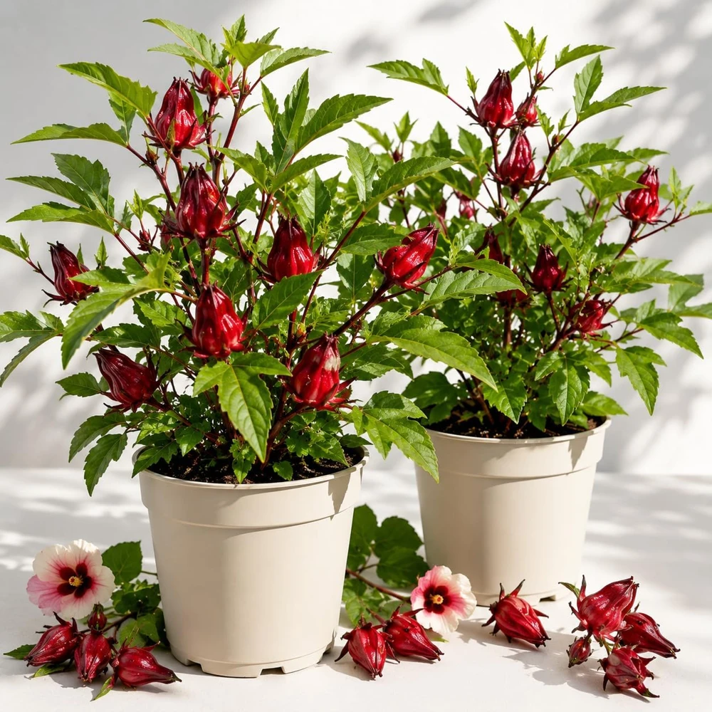 Set of 2 Roselle Hibiscus Live Plants, 4-8 Inch Tall, Red Roselle for Home Garden - Image 1