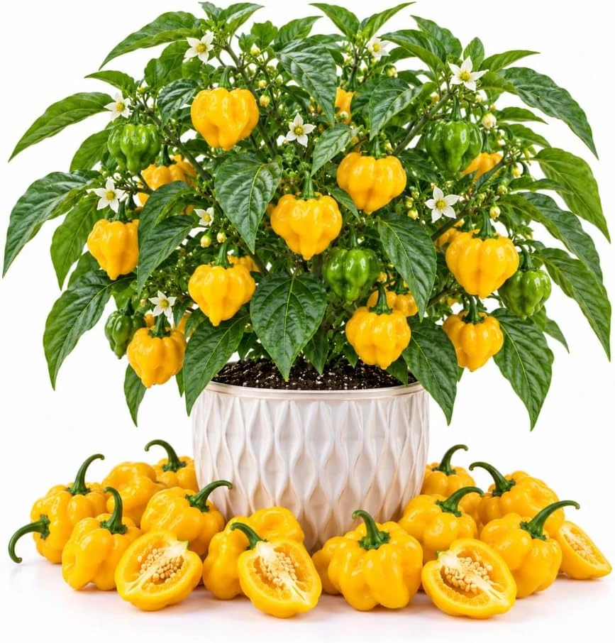 Set of 2 Yellow Jamaican Scotch Bonnet Pepper Live Plants – 4-7 Inches Tall Hot Pepper Seedlings for Garden & Patio - Image 1