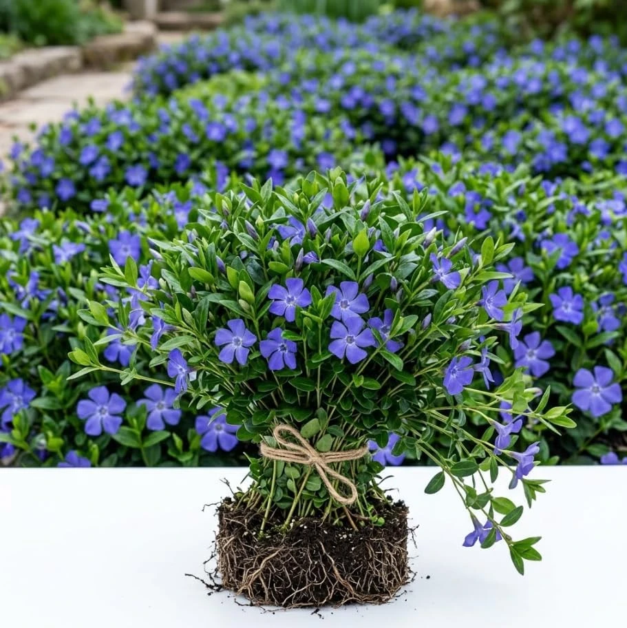 Set of 25 Creeping Myrtle Live Plants - Blue Vinca Minor Periwinkle Ground Cover, Hardy Perennial, Bare Root - Image 1