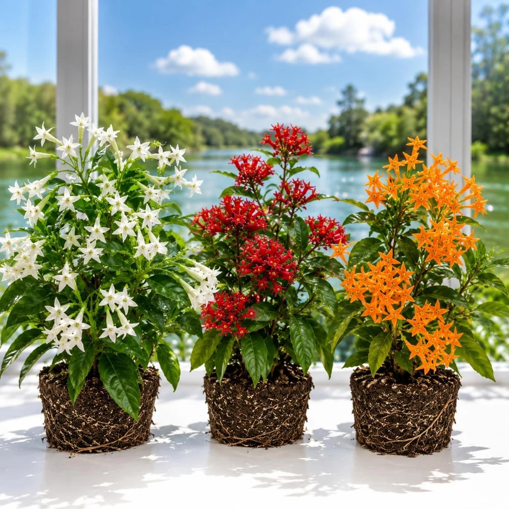 Set of 3 Jasmine Live Plants – White, Red, Orange Blooming Flowers – 4-8 Inch Tall Tropical Plant - Image 1