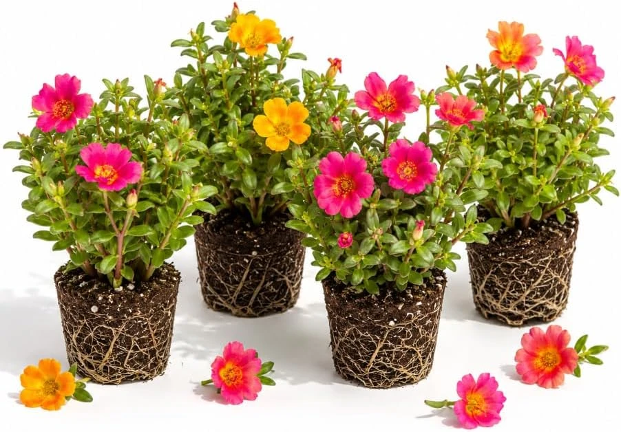 Set of 4 Mixed Portulaca Live Plants, 4-6 Inches Tall, Moss Rose Flowering Starter Plants for Patio & Garden - Image 1