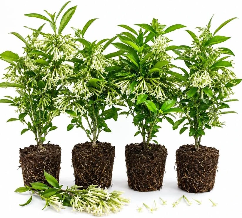Set of 4 Night Blooming Jasmine Live Plants, 4-6 Inches Tall, White Scented Flowers, Indoor/Outdoor - Image 1