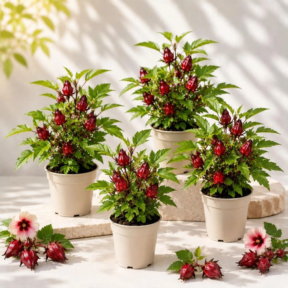 Set of 4 Roselle Live Plants for Planting – Hibiscus Tree, Red, 4-8 Inch Tall - Image 1