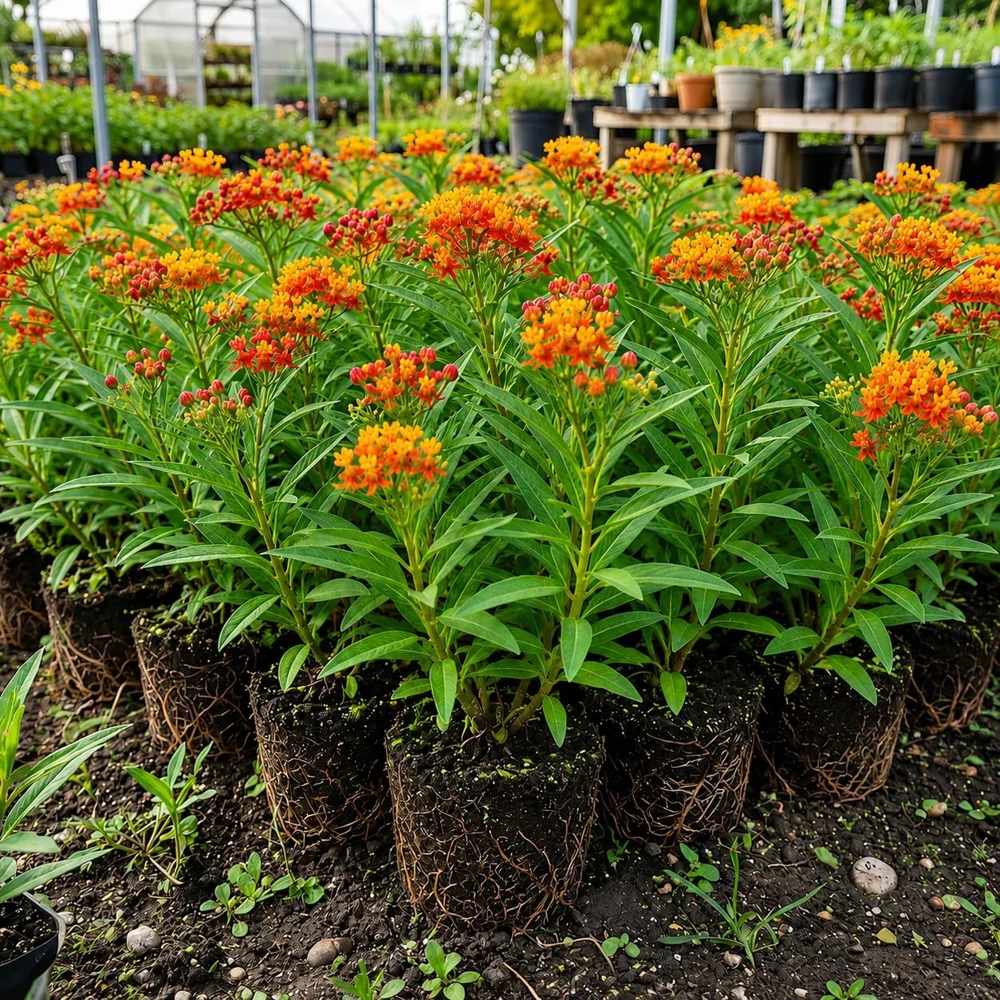 Set of 4 Tropical Milkweed Live Plants, 4-8 Inch Tall, Orange Red Flowers - Image 1