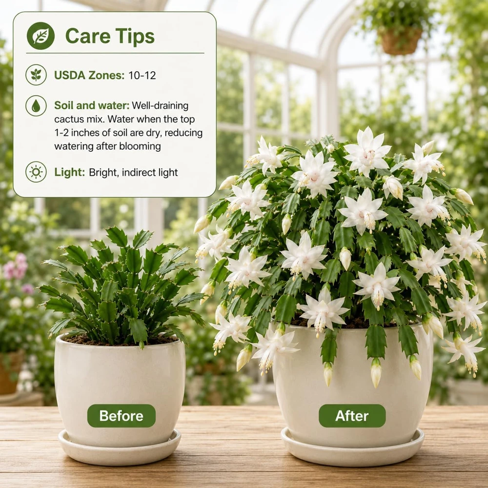 Set of 4 White Christmas Cactus Live Plants, Tropical Thanksgiving Cactus, 4-8 Inch Tall - Image 4