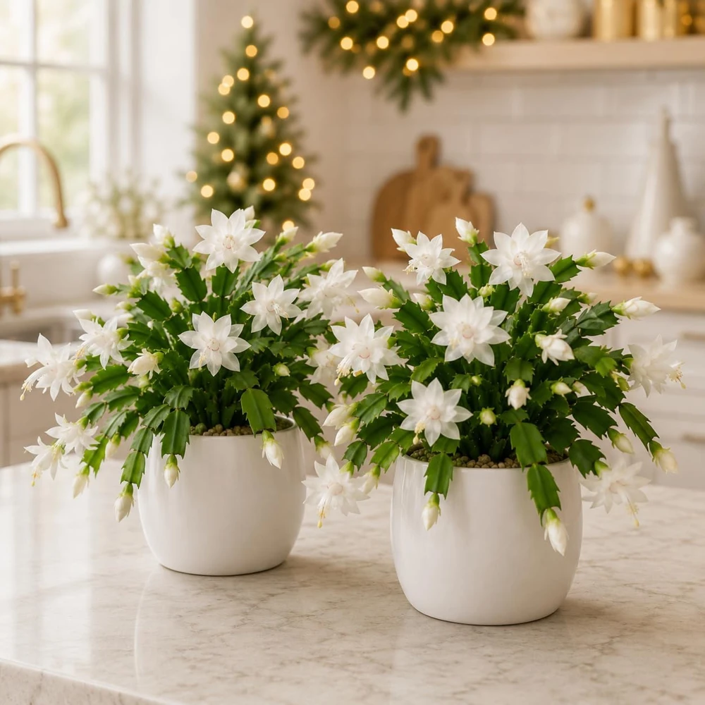 Set of 4 White Christmas Cactus Live Plants, Tropical Thanksgiving Cactus, 4-8 Inch Tall - Image 1