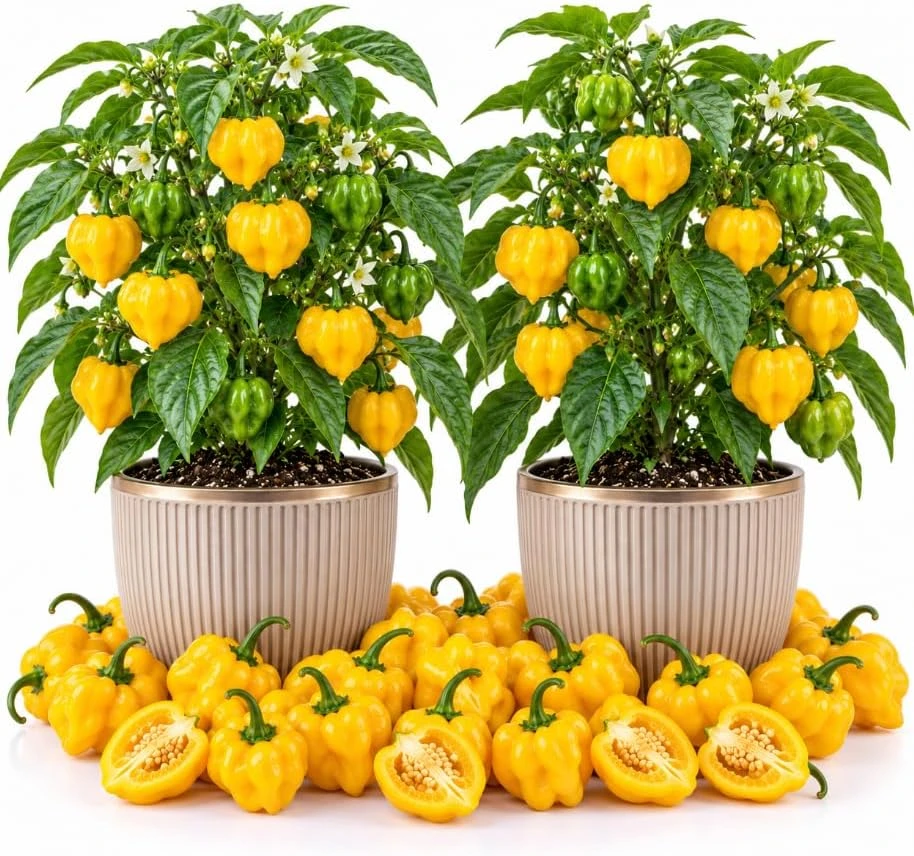 Set of 4 Yellow Jamaican Scotch Bonnet Pepper Live Plants – Hot Chili Starter for Garden & Patio - Image 1