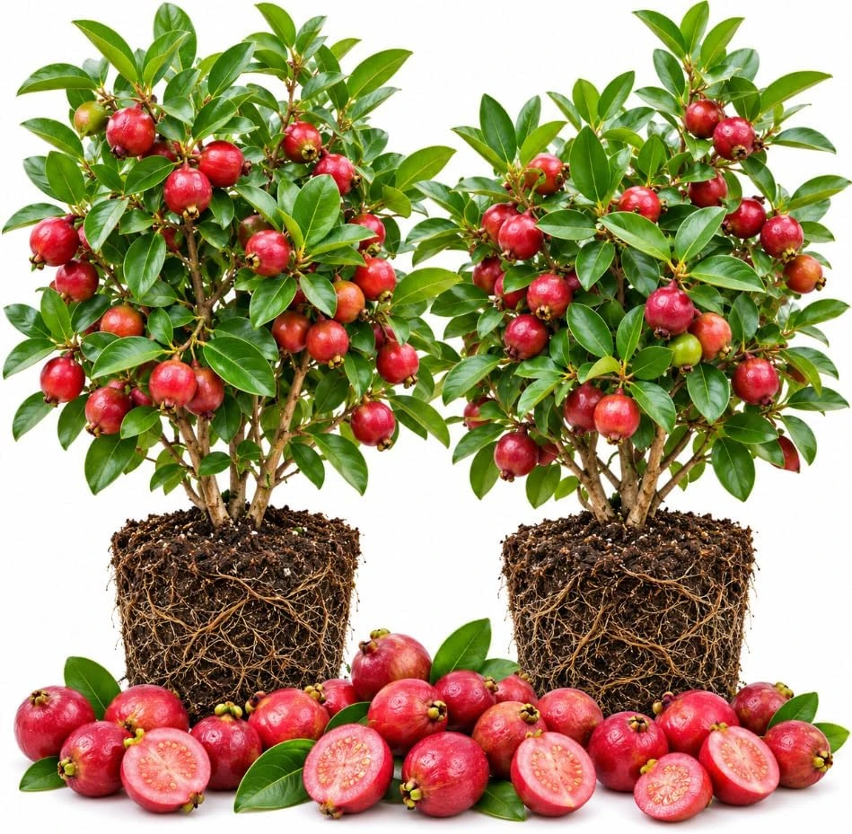 Strawberry Guava Live Plants, Set of 2, 4-6 Inches Tall, Red Fruit Tree Starter - Image 1