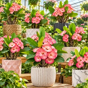 Thai Marble Pink Crown of Thorns Live Plant in Pot, 4-6 Inch Tall, Euphorbia Milii Plant for Garden Planting - Image 1
