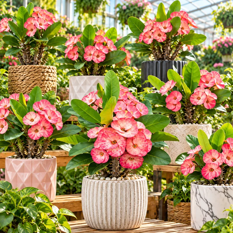 Thai Marble Pink Crown of Thorns Live Plant in Pot, 4-6 Inch Tall, Euphorbia Milii Plant for Garden Planting - Image 1